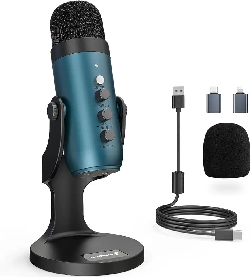 zealsound USB Mikrofon, Podcast Mikrofon für PC, iPhone & Handy, k66 Teal