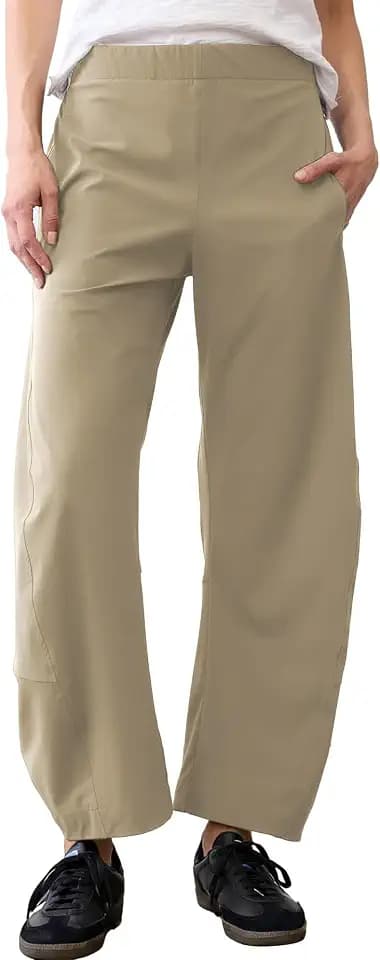Women Barrel Pants Baggy Wide Leg High Waisted Ankle Pants Summer Lounge Travel Work Trousers with Pockets