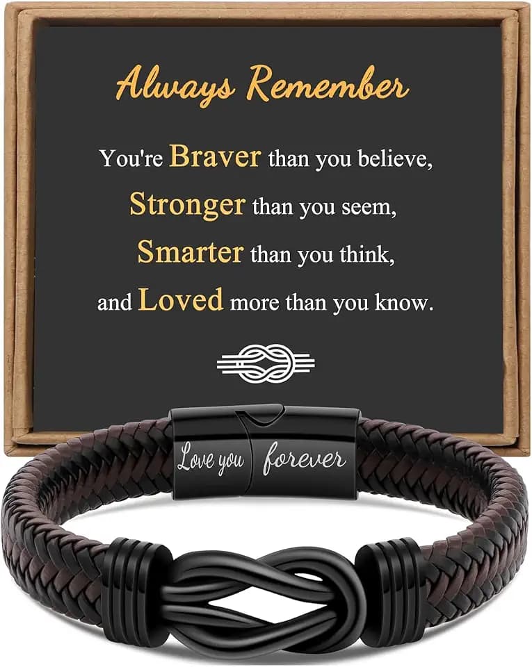 Gift for Men Infinity Bracelet for Men Dad Husband Boyfriend Son Grandson Brother Nephew Uncle Brown Braided Leather Forever Linked Together Stainless Steel Engraved with Love You Forever Jewelry 7.5|8.5|9 Inches