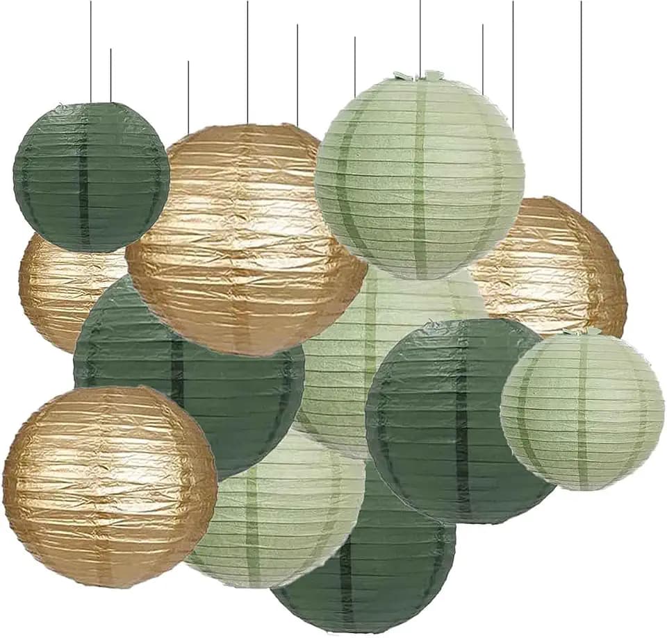 12er Papier Lampions Set Retro Salbei Grün und Gold, Eukalyptus Grün Hängedekoration Papierlampions Deko, Salbeigrün Papier Laternen für Hochzeit,Taufe,Geburtstag,Kommunion Party Deko