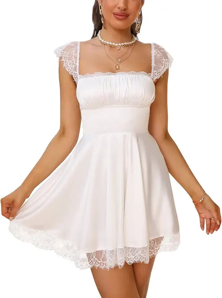 EYNMIN Women's Lace Strap Satin Flowy Homecoming Party Mini Short Dresses
