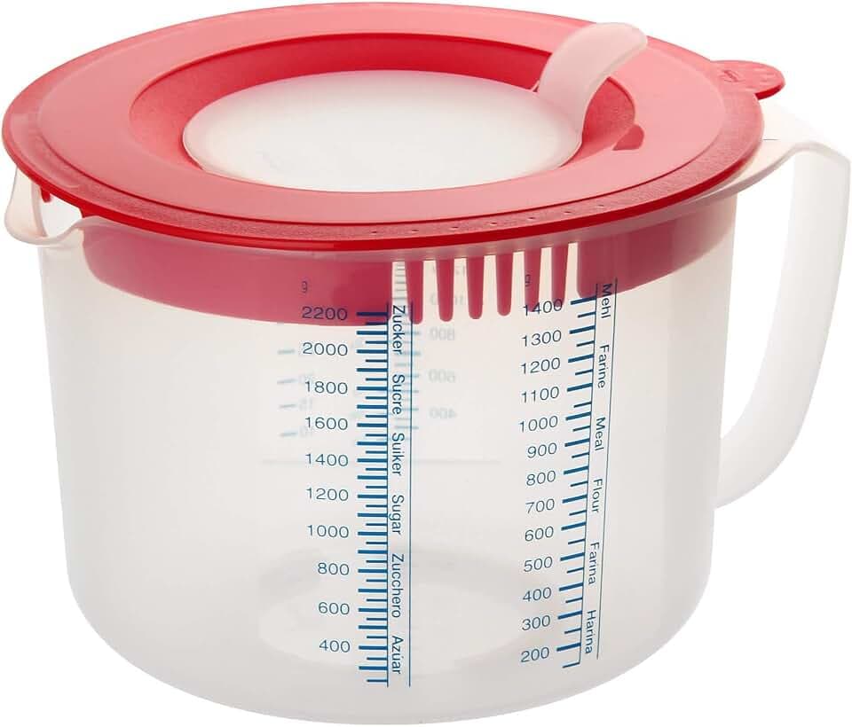 Dr. Oetker Mess- und Rührbecher 2,2 L, Messbecher mit unterschiedlichen Messskalen, Rührbecher mit Spritzschutz, Becher aus hochwertigem Kunsstoff (Farbe: Rot/Transparent), Menge: 1 Stück