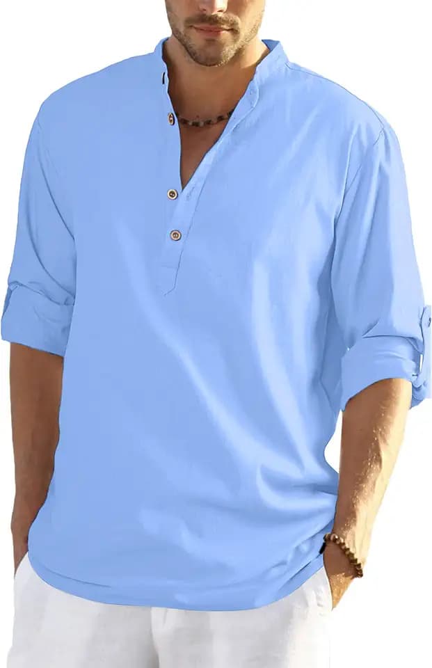 YAOHUOLE Herren Leinenhemd Henley Leinenhemd Herren Herrenhemden Langarm Ohne Kragen Freizeithemden Für Herren