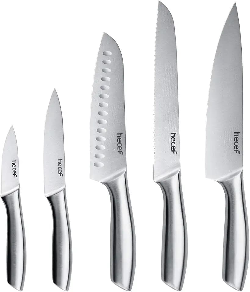 hecef Silbernes Küchenmesserset mit Hohlem Griff, Hochglanzpoliertes Edelstahlmesser, Gesandstrahltes Messer mit Schutzscheide, Kochmesser mit Scharfer Klinge