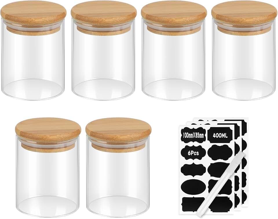 efuturetime 6stk. Vorratsgläser Glas Rund 500ml mit Bambusdeckel | φ8,5 × 10,8cm, Vorratsdosen Luftdicht, Gewürzgläser Set, Glasbehälter mit Etikette für Cerealien, Nuss, Pulver