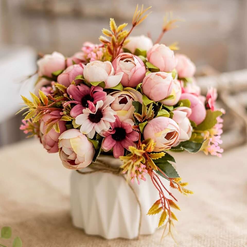 TKAS Künstliche Blumen Seidenrosen Blumensträuße Dekoration mit Keramikvase für Tisch Zuhause Büro Hochzeit (Pink Bud)
