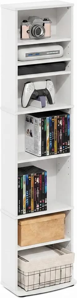 Furinno Jaya DVD Shelf, 8-Tier Tall Narrow CD Rack, Media Shelf with Adjustable Shelves, DVD Storage Cabinets for CD Bluray Game Disc, Easy Assembly, for Living Room, Home Office, White