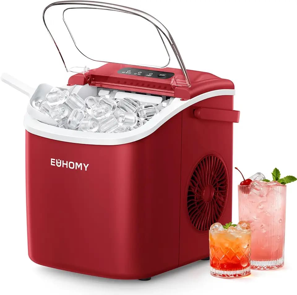 EUHOMY Countertop Ice Maker Machine with Handle, 26lbs Per Day, 9 Ice Cubes Ready in 6 Mins, Auto-Cleaning Portable Ice Maker with Basket and Scoop, for Home/Kitchen/Camping/RV (Red)