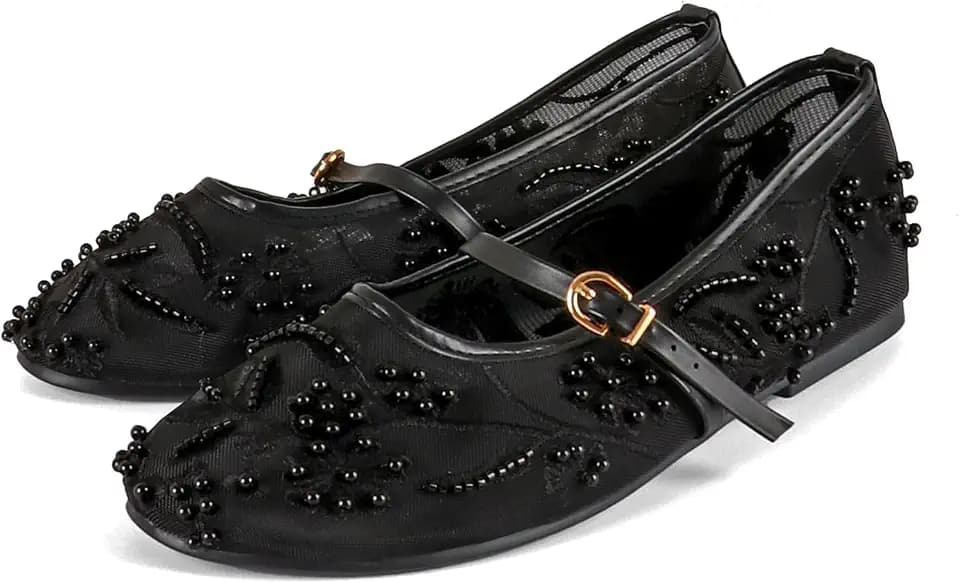 MAVMAX Ballet Flats with Strap for Women Floral Ballet Flats Mesh Shoes Women Flat Slip On Ballerina Shoes Round Toe Comfortable Daily Dress Shoe