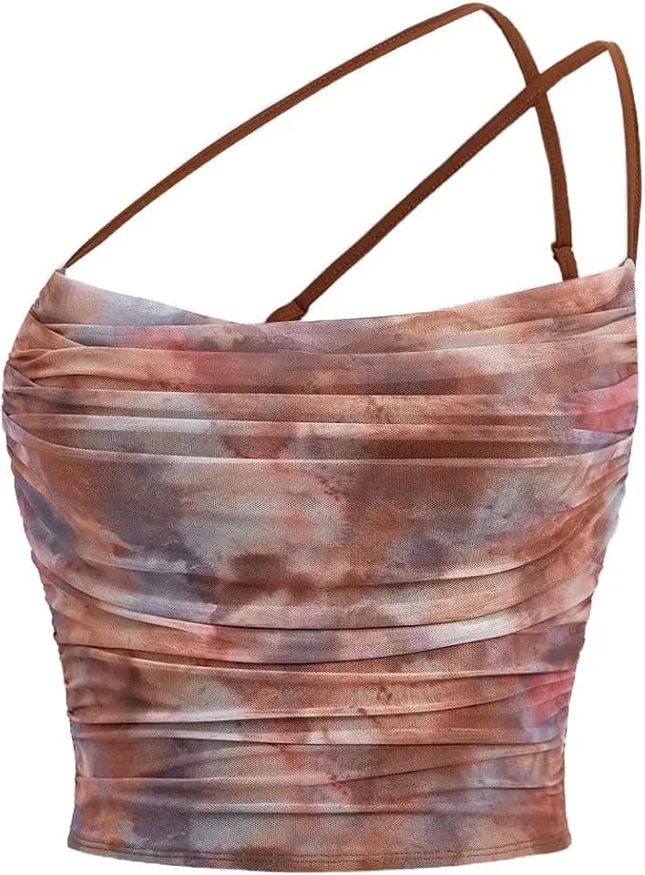 Floerns Women's Tie Dye Cut Out One Shoulder Ruched Crop Cami Top