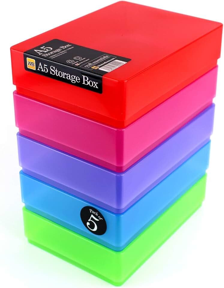 WestonBoxes A5 Kunststoff Aufbewahrungsboxen mit Deckel für Bastelbedarf, Papier und Karte - 1,8 Liter Volumen (Mehrfarbig, 5er Pack)