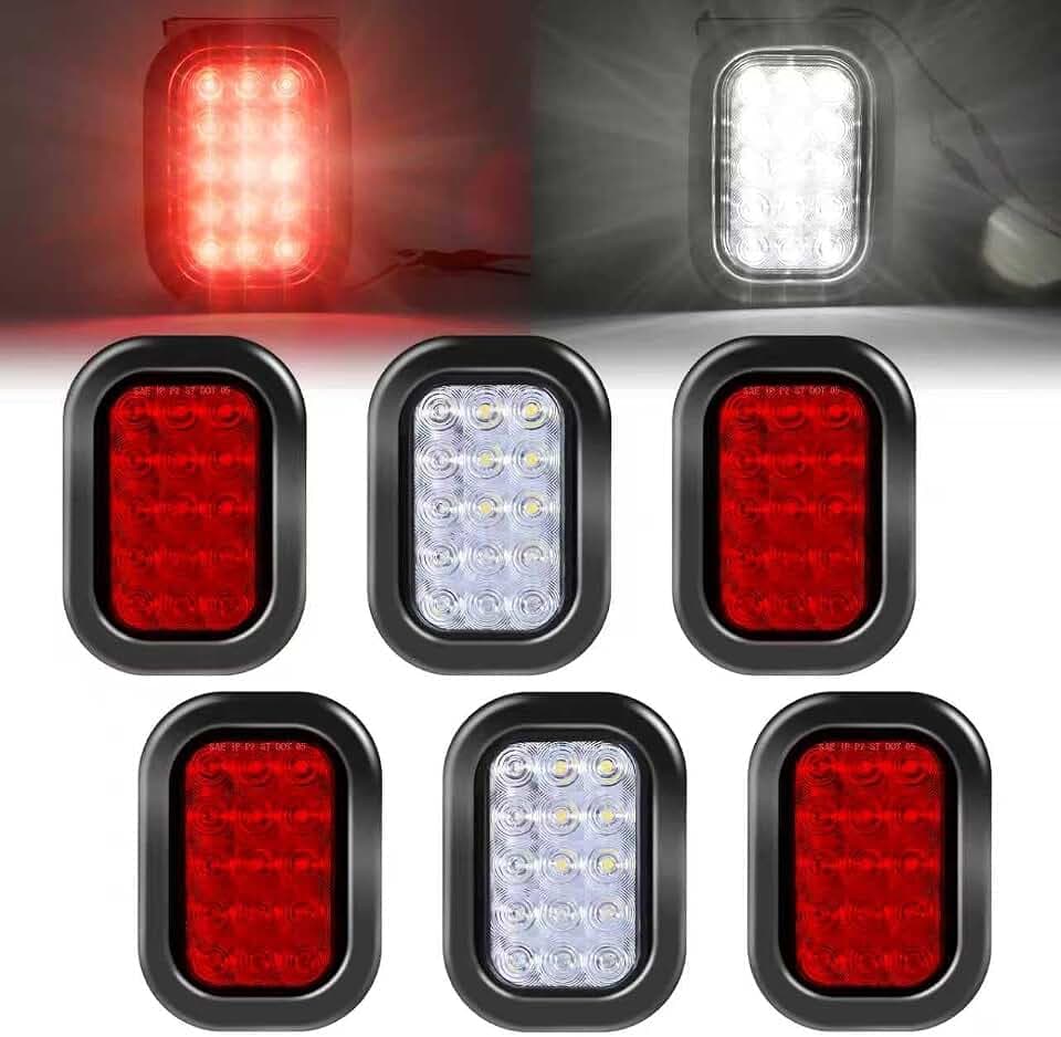 6Pcs 5”x3” LED Trailer Tail Lights, 12 White/Red SMD LEDs, Brake/Turn/Reverse/Tail, IP67 Waterproof, Flush Mount w/Grommets & Plugs for 12V Truck RV Camper (4 Red + 2 White)