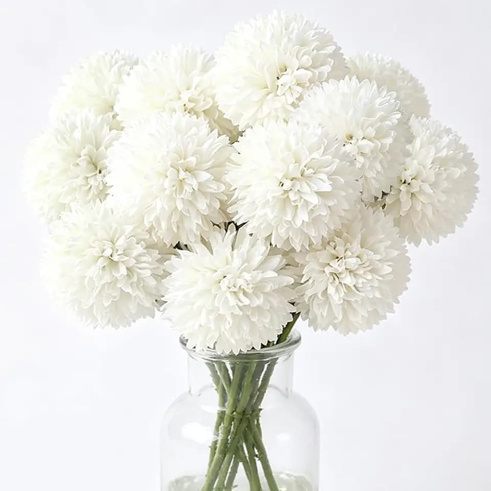 Tinsow 12PCS Artificial Ball Chrysanthemum Faux Flowers Bouquet White