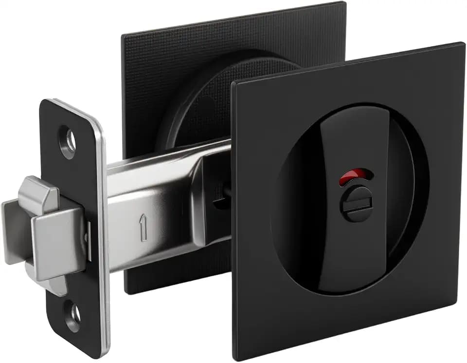 goldenwarm Matte Black Square Pocket Door Lock with Indicator, Pocket Door Hardware for 2-1/8'' Round Bore Hole, Pocket Door Handles Fit 1-1/4'' to 2'' Thickness Sliding Door 2-3/8'' Latch 1 Pack