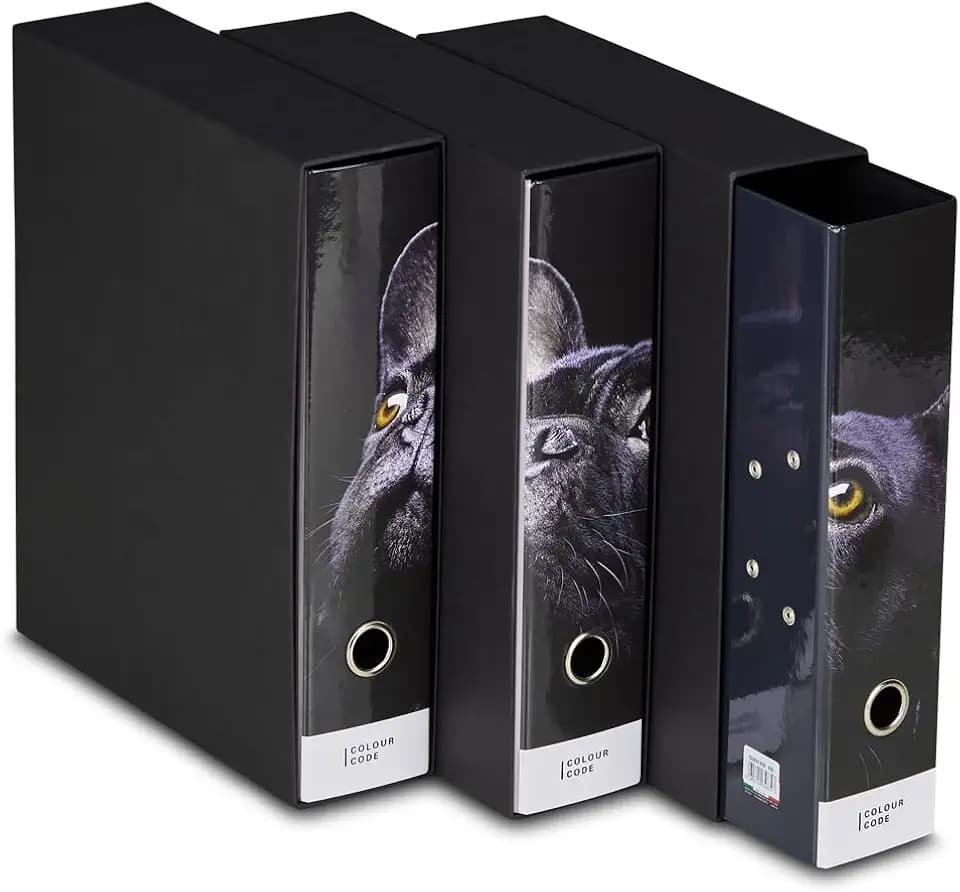 Set mit 3 Ringmappen, Colour Code, Schwarz, Motiv Hund, glänzend laminiert, ideal für A4-Blätter, Hebelmechanik