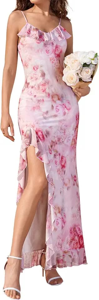 HTZMO Women Floral Ruffle Slit Maxi Dress Summer Casual Sexy V Neck Beach Vacation Party Long Dresses 2026