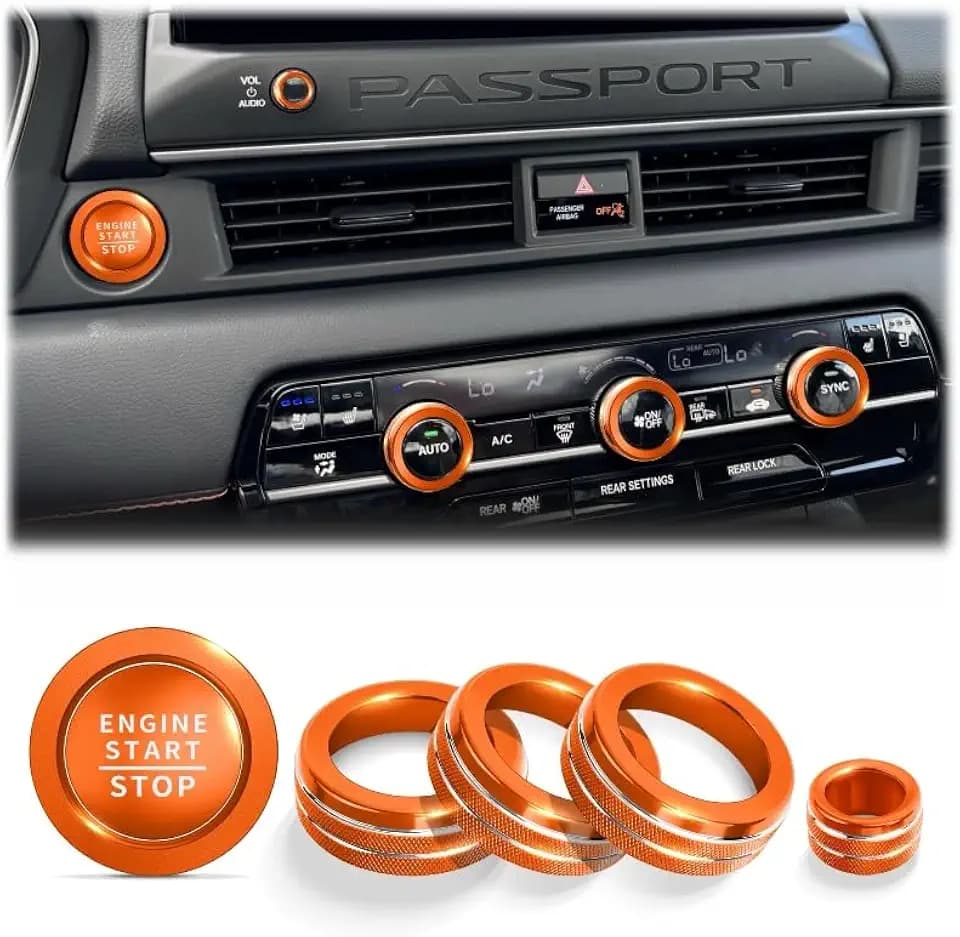 for 2026 Honda Pilot & 2026 Honda Passport Accessories, 6PCS Aluminum Alloy Knob Cover Trim Set (Orange) for Radio, AC Control & Push Start Button