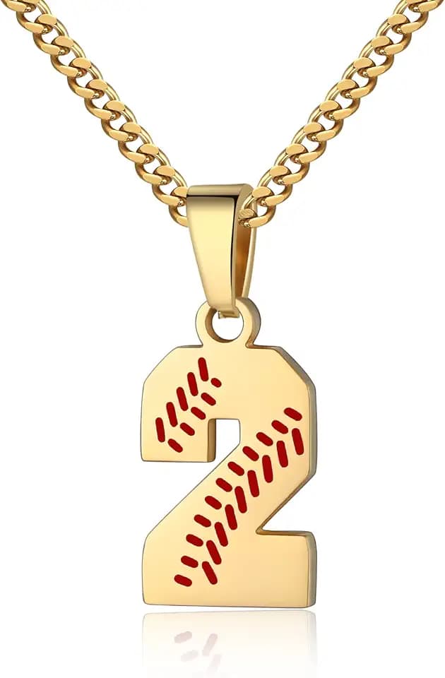 Hatti Doris Baseball Number Necklace for Men 00-99 - Jersey Number Necklace with Stainless Steel Gold Plated Chain & Baseball Charm Pendant