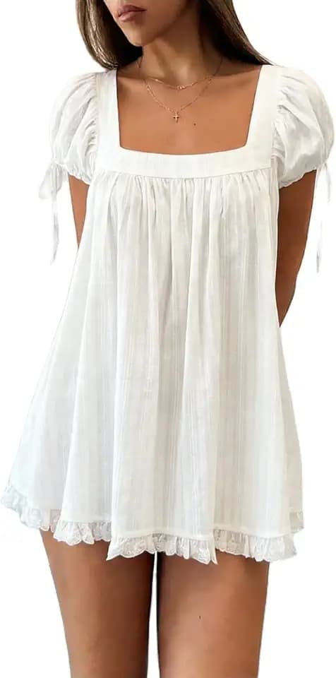 Women Ruffle Blouse Knotted Short Puff Sleeve Square Neck Solid Color Baby Doll Blouse Eyelet Trim A-line Top