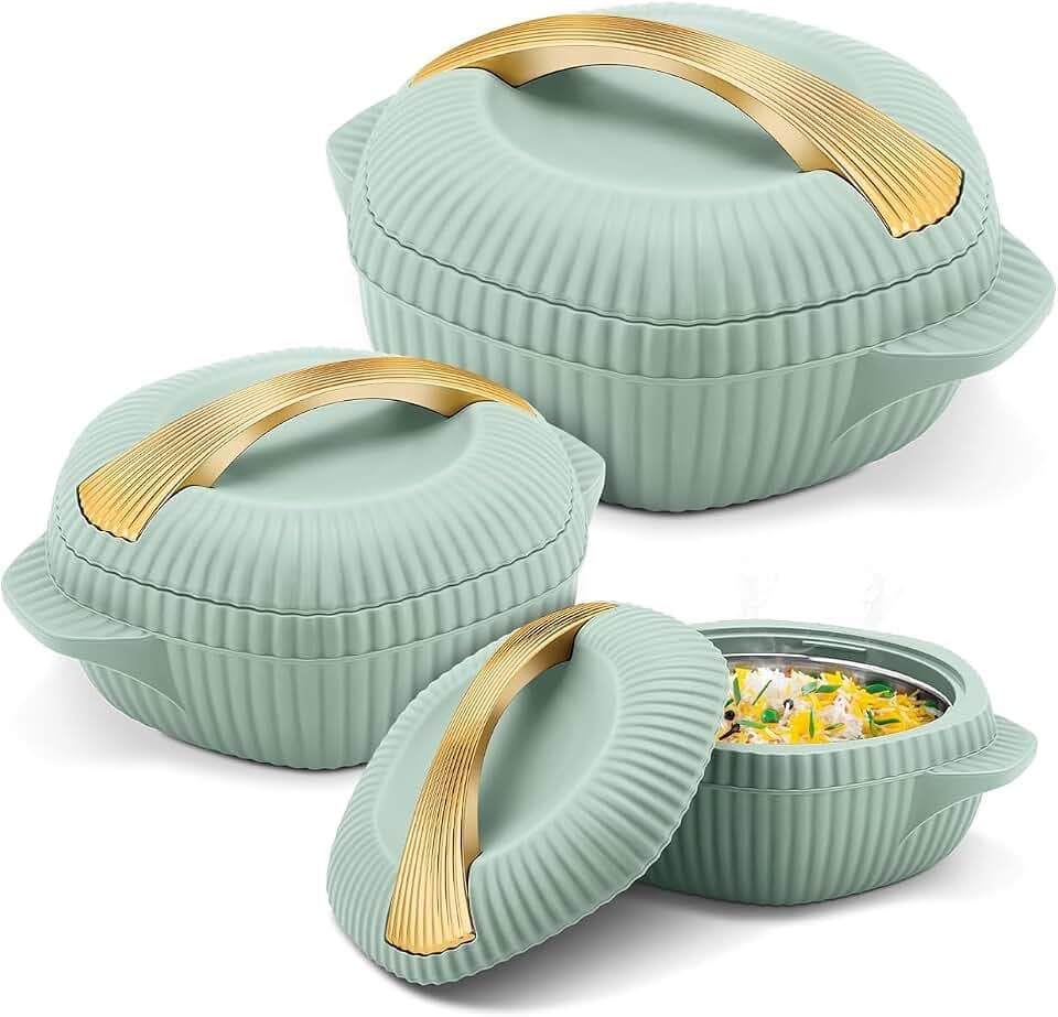 Casserole BPA Free, Food Grade, Hot and Cold, Easy to Carry, Easy to Store, Chapati, Roti, Curd Maker Set PU Insulated Casserole, Set of 3 (455 ml, 860 ml, 1275 ml), Light Green,