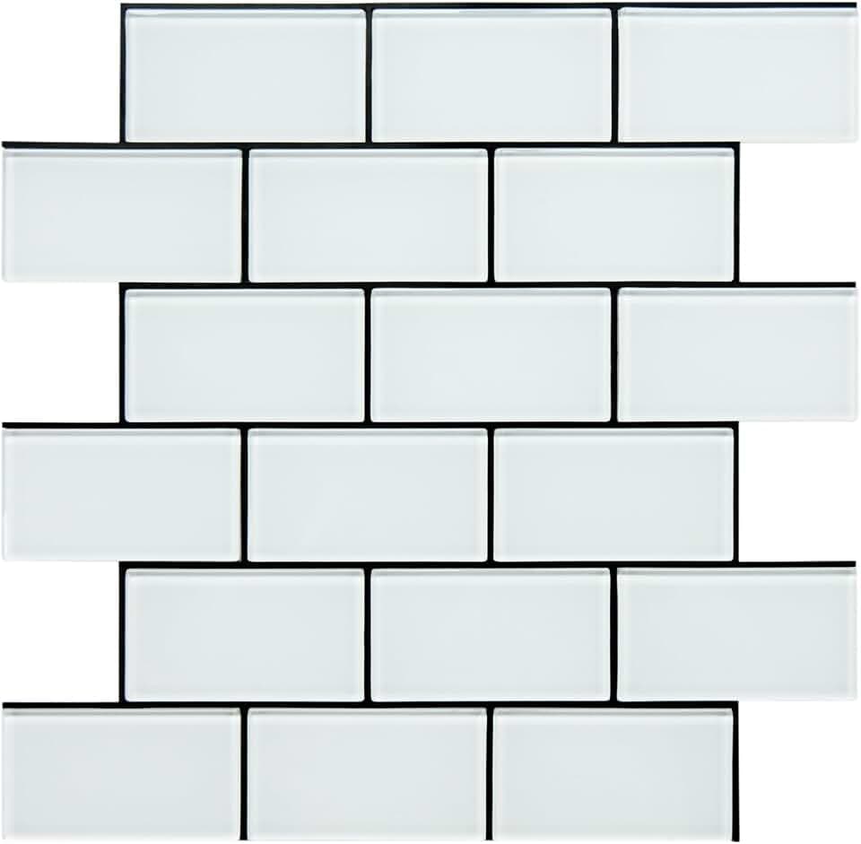 Peel and Stick Backsplash Glass Tile, White Subway Backsplash Glass Wall Tile with Black Frame (5 Sheets, 4.23 SQ.FT.)