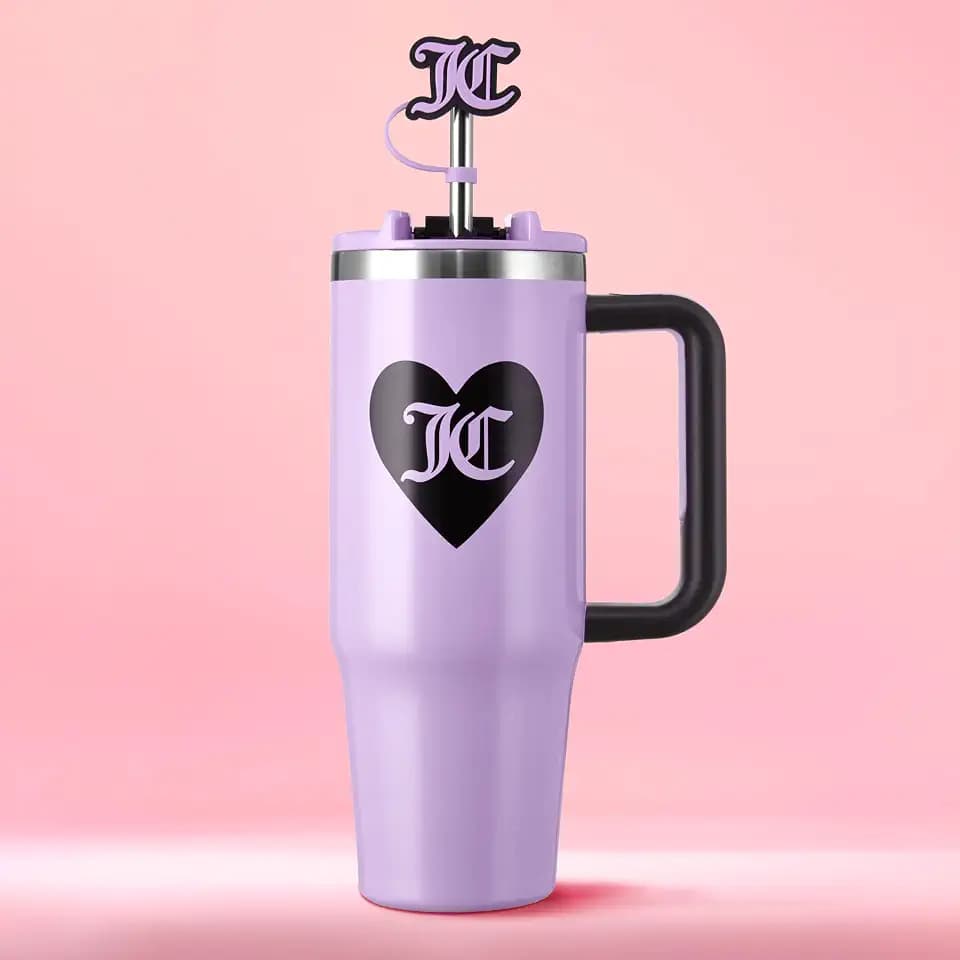Juicy Couture Jetsetter 30oz Tumbler with Handle and Straw Topper, Lavender Purple
