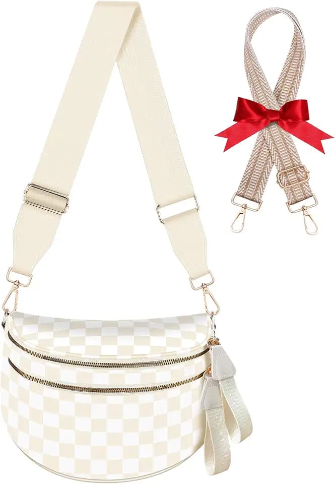 Bum Bags for Women Checkered Crossbody Bag Large Nylon Belt Purse Fanny Packs, Bonus with Small Wallet and an Extra Strap (Beige Checkered)