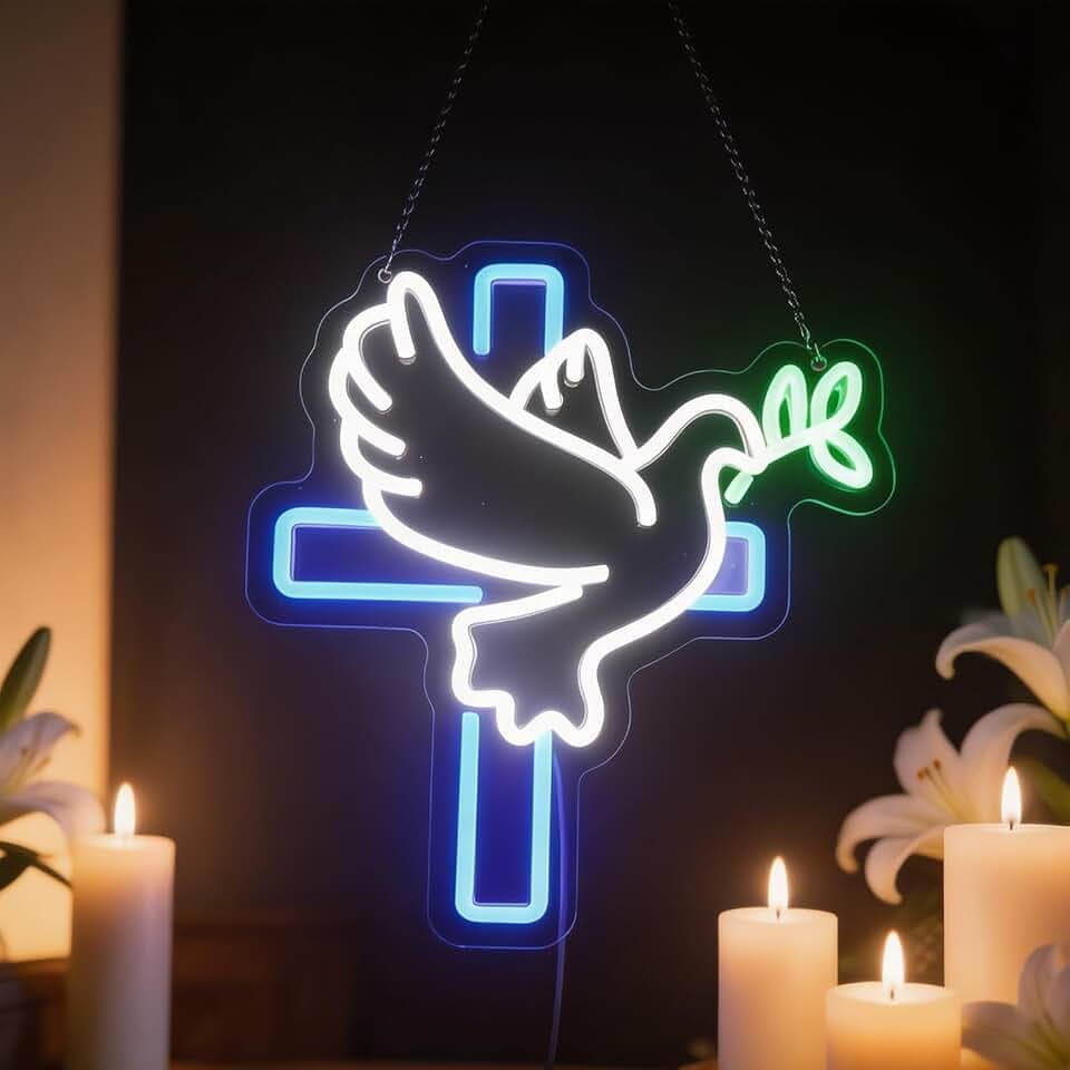 Peace Dove Jesus Cross Neon Sign For Wall Decor, Jesus Cross Flying Pigeon Led Light, Christ Peace Bird Neon Light, Freedom LED Sign, Leaf Branch Room Church Party Wall Decor Easter Christian Gift
