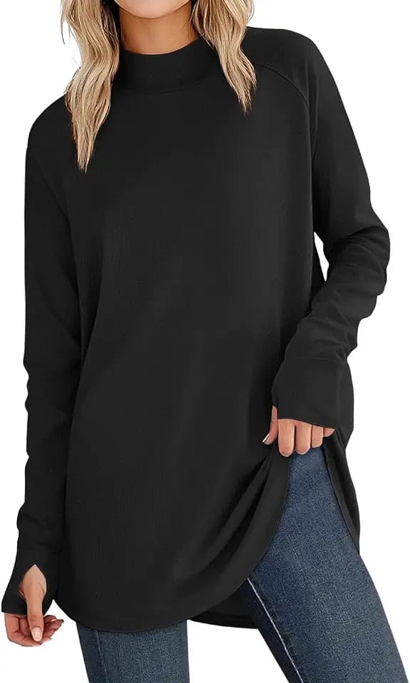 JUSTFASHIONNOW Tunic Tops for Women Casual Long Sleeve Turtle Neck Shirts Thumb Hole Curved Hem Tops Fall Fashion