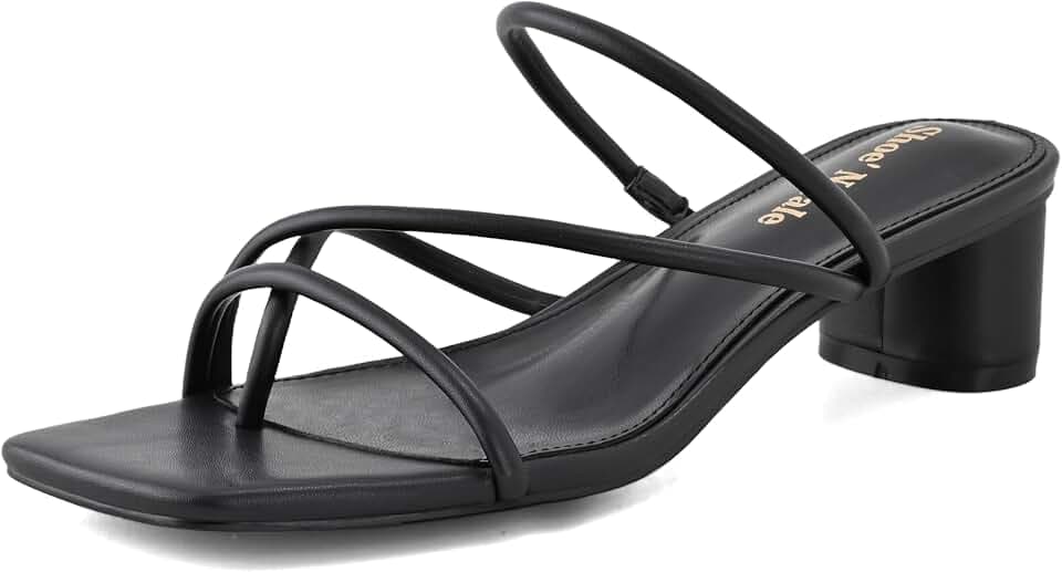Shoe'N Tale Strappy Heels for Women Chunky Thong Strap Slip On Mules Square Toe Low Kitten Heeled Sandals