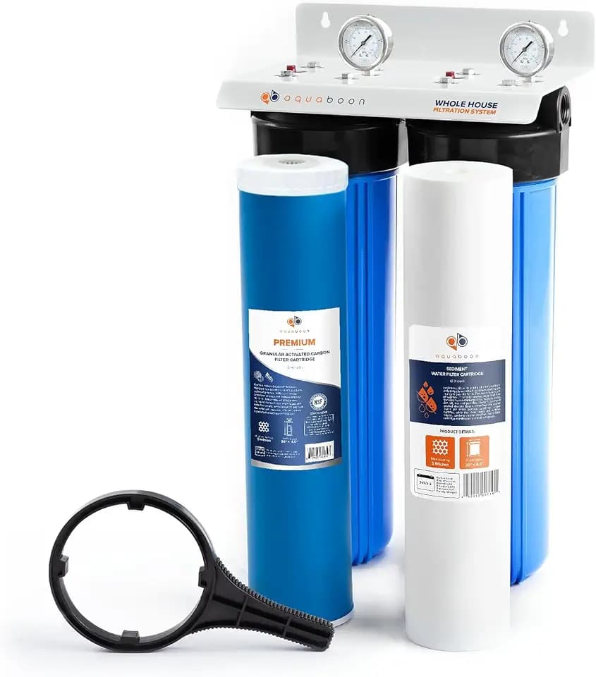 2-Stage Whole Home Water Filtering System Chlorine & Sediment Reducing, 20x4.5 GAC & Sediment Filters Included with Gauge & Release, Wrench, Bracket