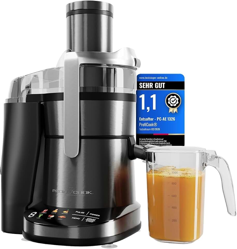 ProfiCook® Entsafter | leicht zu reinigender Slow Juicer | XXL-Einfüllschacht | 1000W Longlife-Motor | feines Mikrosieb | Touch-Display | 6 Stufen | Saftpresse | inkl. Reinigungsbürste | PC AE 1326