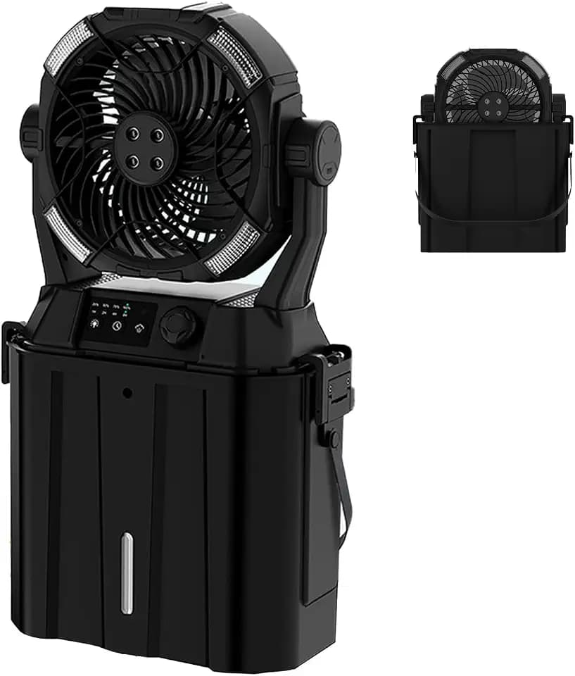 Wilody Portable Misting Fan 20000mAh Rechargeable Battery, 6L Bucket Outdoor Fan with LED Lights & Stepless Speed Control & Cooling Mist, Battery Powered Fan for Outdoor Patio Camping (Deep Black)