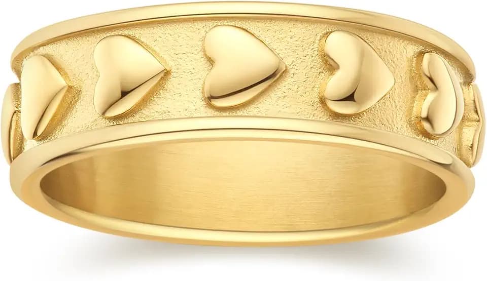 FRUMOS Gold Rings for Women,14K Gold Stacking Rings,Dainty Chunky Bamboo Heart Hammered Two Row Rings for Women Size 6/7/8/9