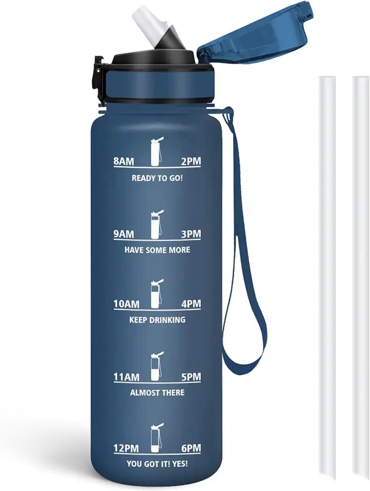 Trinkflasche 1L, mit Strohhalm, Sportflasche, auslaufsicher mit Zeitmarkierung Motivationsskala, Wasserflasche, für Kohlensäure geeignet, Schule, Büro， Wiederverwendbare Trinkflasche Sport