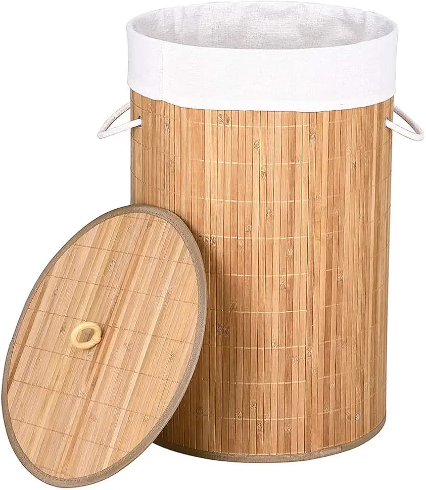 Bakaji Schmutziger Wäschekorb aus Bambusholz und Stoff, faltbar, platzsparend, mit Deckel und Griffen, Fassungsvermögen 70 l, Größe 38 x 60 cm (natürlich)