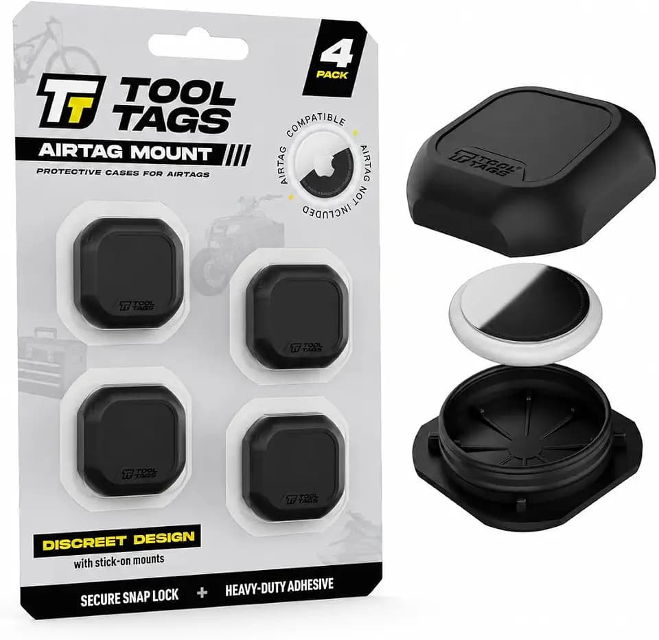 ToolTags™ Waterproof Airtag Holder Compatible with Apple Air-tag, Durable Airtag Case with Snap-Latch Design for Bikes, Cars, Luggage, Tools and More, Secure Air Tag Cover with Adhesive Mount (4-Pack)