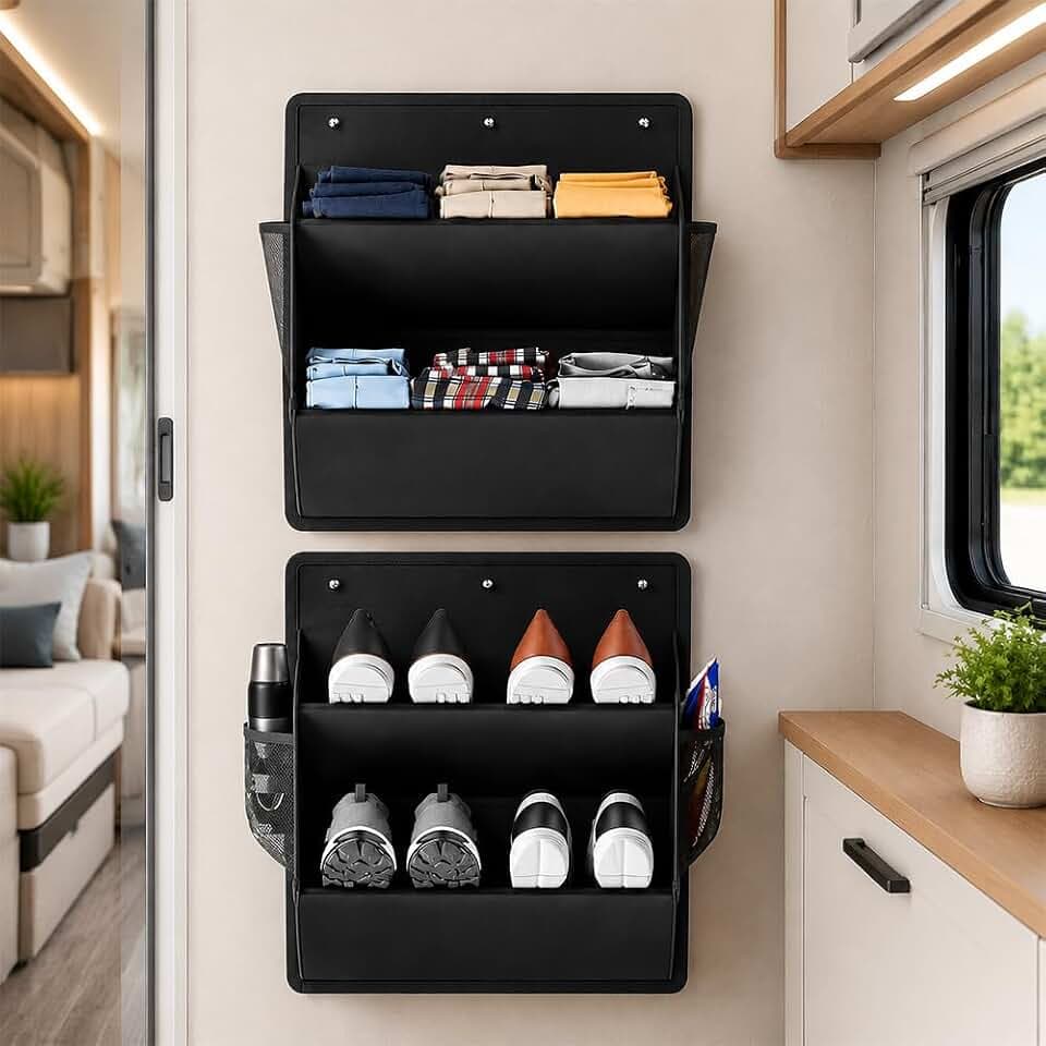 Schuhorganizer Camping, 2 Stück Schuh Organizer Wohnmobil mit Klebeband*6, Organizer Wohnmobil, Schuhregal Hängend, Schuhregal Wand für Handtücher, Taschen, Regenschirme, Schlüssel usw