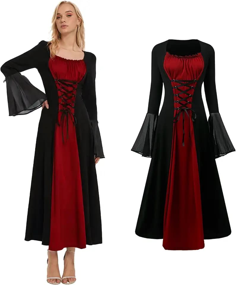 Renaissance Costume for Women,Medieval Dress with Trumpet Sleeves,Vampire Witch Gothic Dress for Halloween