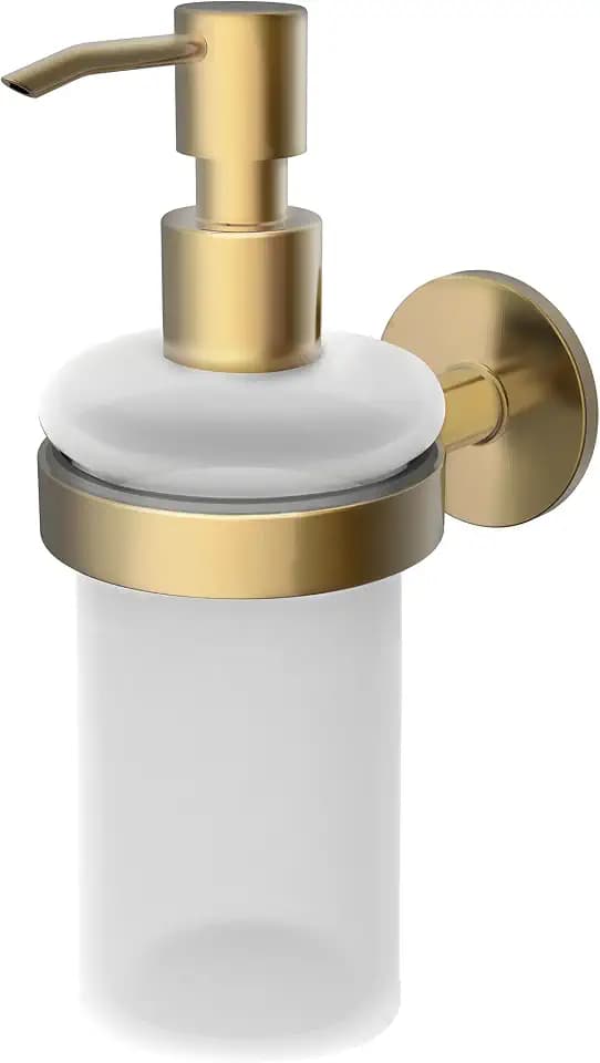 Lenz Seifenspender Juna in Gold – Nachfüllbar und Tropffrei | Wandmontage, Zum Bohren oder Kleben, Hochwertige Verarbeitung mit Anti-Fingerabdruck Oberfläche, satiniertes Glas, 4108341