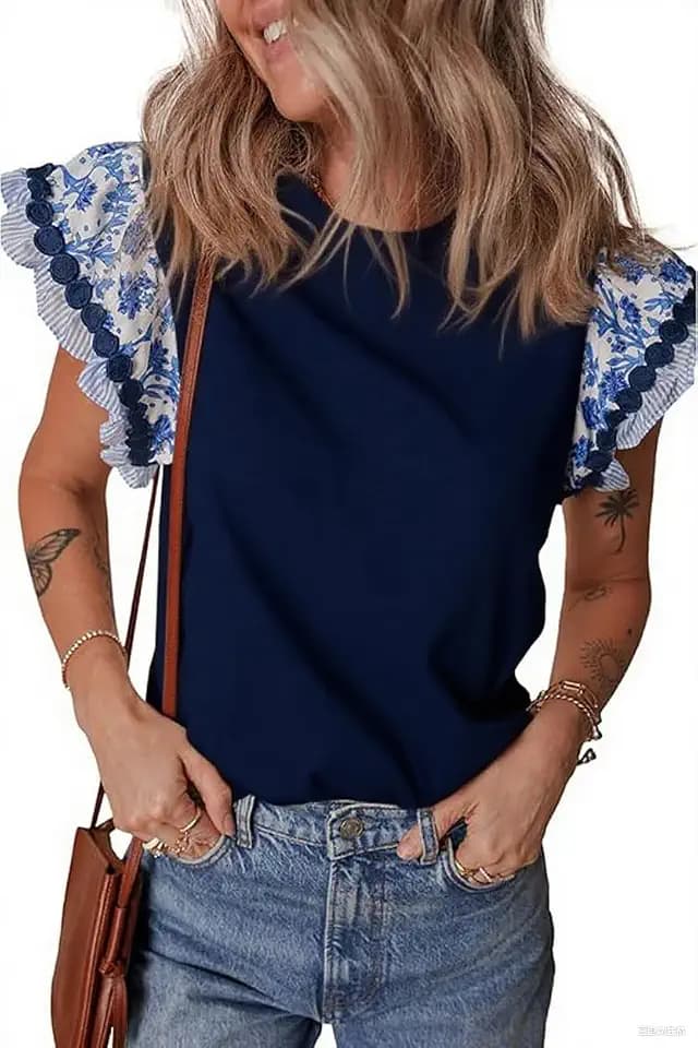 Pinclodly Ruffle Sleeve Tops for Women Bohemian Floral Trim Crewneck Tshirts Casual Loose Patchwork Cap Sleeve Peasant Tops