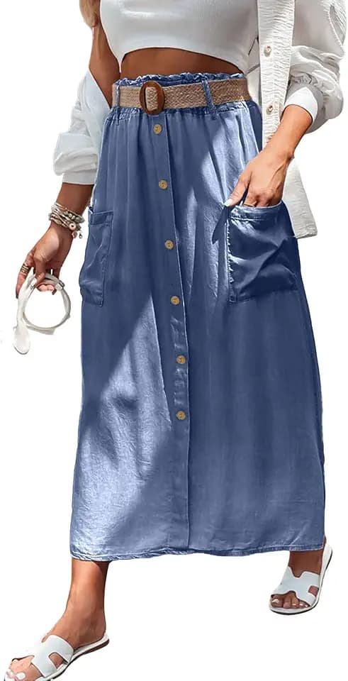 loveimgs Women Summer Elastic Waist Flowy Tencel Denim Maxi Skirt A Line Button Ruffle Cargo Long Jean Skirt Boho Lightweight