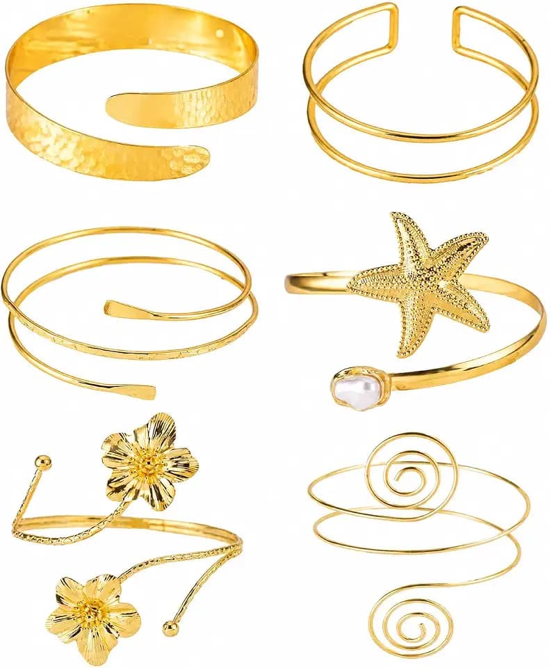 6 PCS Boho Gold Arm Cuff Jewelry for Women - Adjustable Minimalist Upper Arm Cuffs Bracelet Bangle Set for Beach Party Gifts