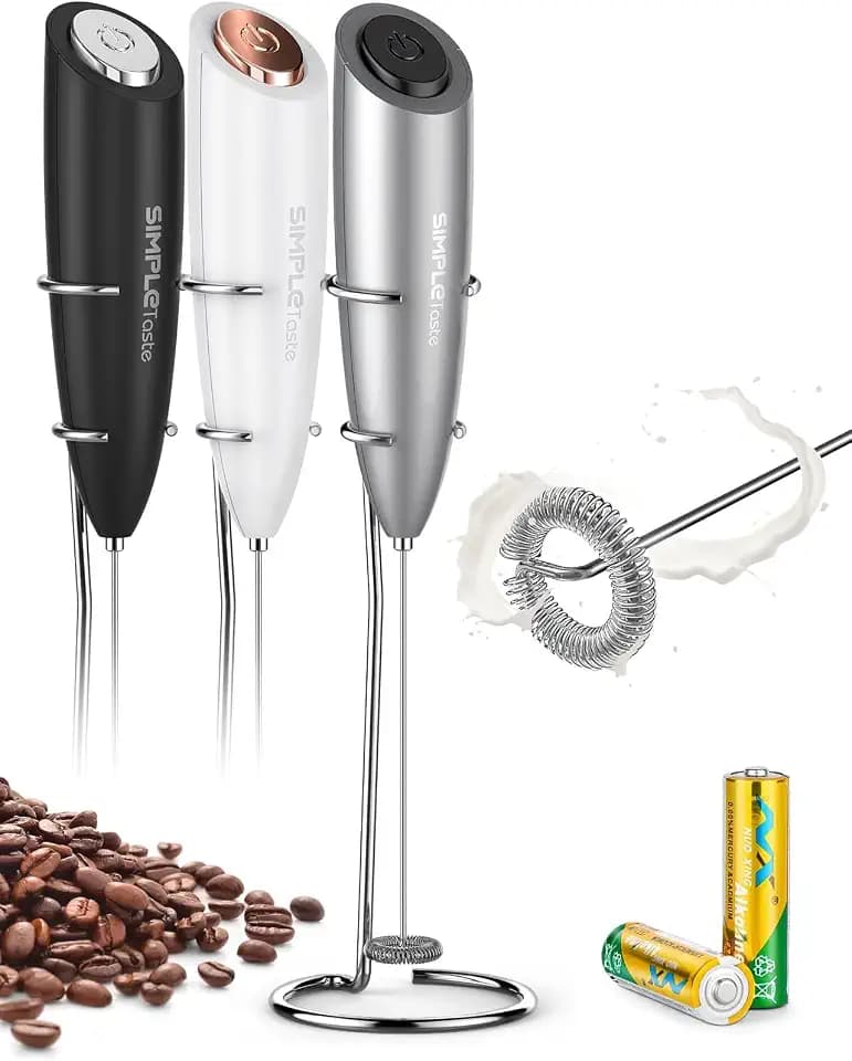 SIMPLETASTE Milchaufschäumer Elektrisch Handheld | Mit 2 Batterie und Stab, Edelstahl-Schneebesen, Für Cappuccino, Latte, Bulletproof Coffee, kompaktes Design, Kabellos