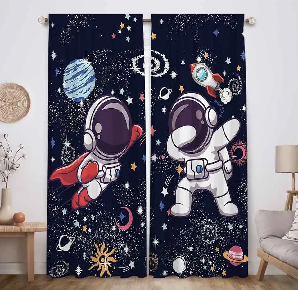 Allenjoy Space Astronaut Window Curtains Planets Rockets Cosmonauts Shuttles Cosmic Adventure Home Decor Rod Pocket Darkening Drapes for Kids Boys Bedroom Living Room 82 in x 84 in