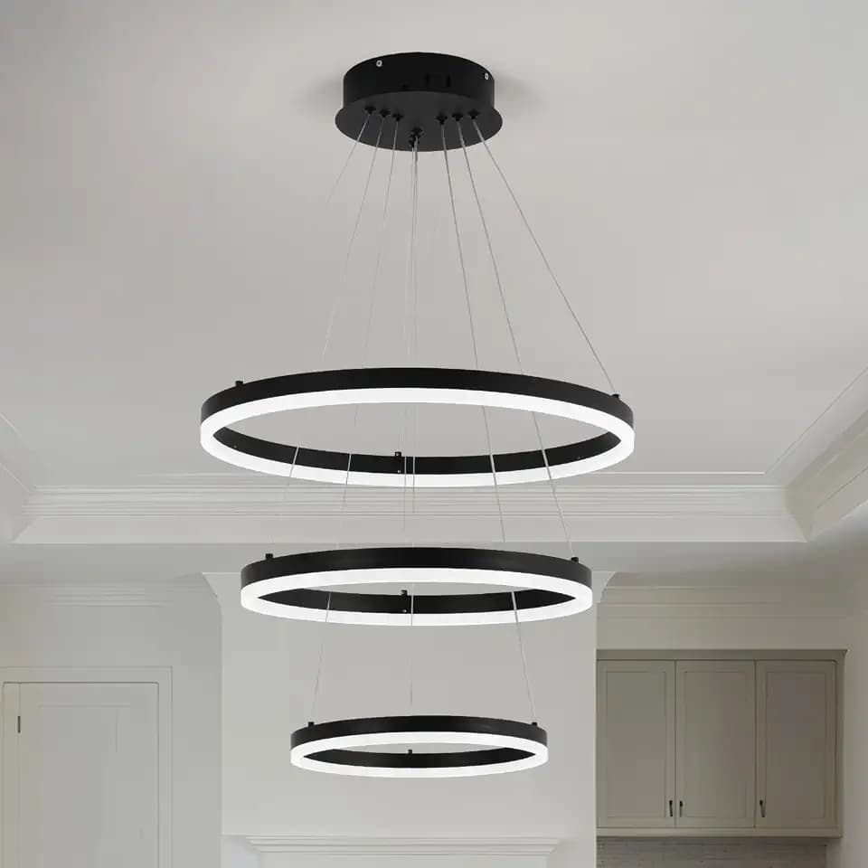 3-Ring Modern Black LED Chandelier Dimmable Pendant Light with Remote Control Flush Mount High Ceiling Circle Light Fixture for Dining Bed Living Room Foyer 3000K-6500K