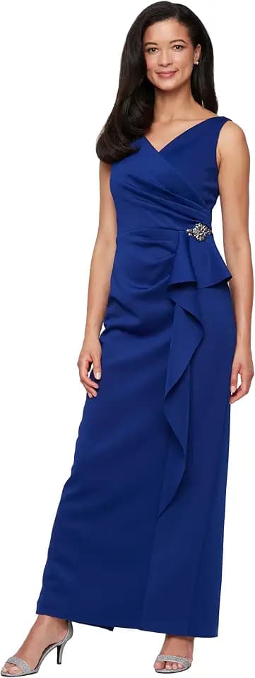 Alex Evenings Women's Sleeveless Stretch Scuba Crepe Dress with Embellished Detail at Hip and Cascade Ruffle Skirt