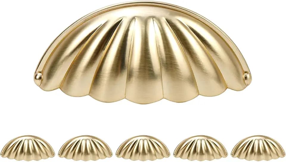 Shell Cup Drawer Pull Handle, Gold, 2.52 Inch Hole Center, 6Pcs
