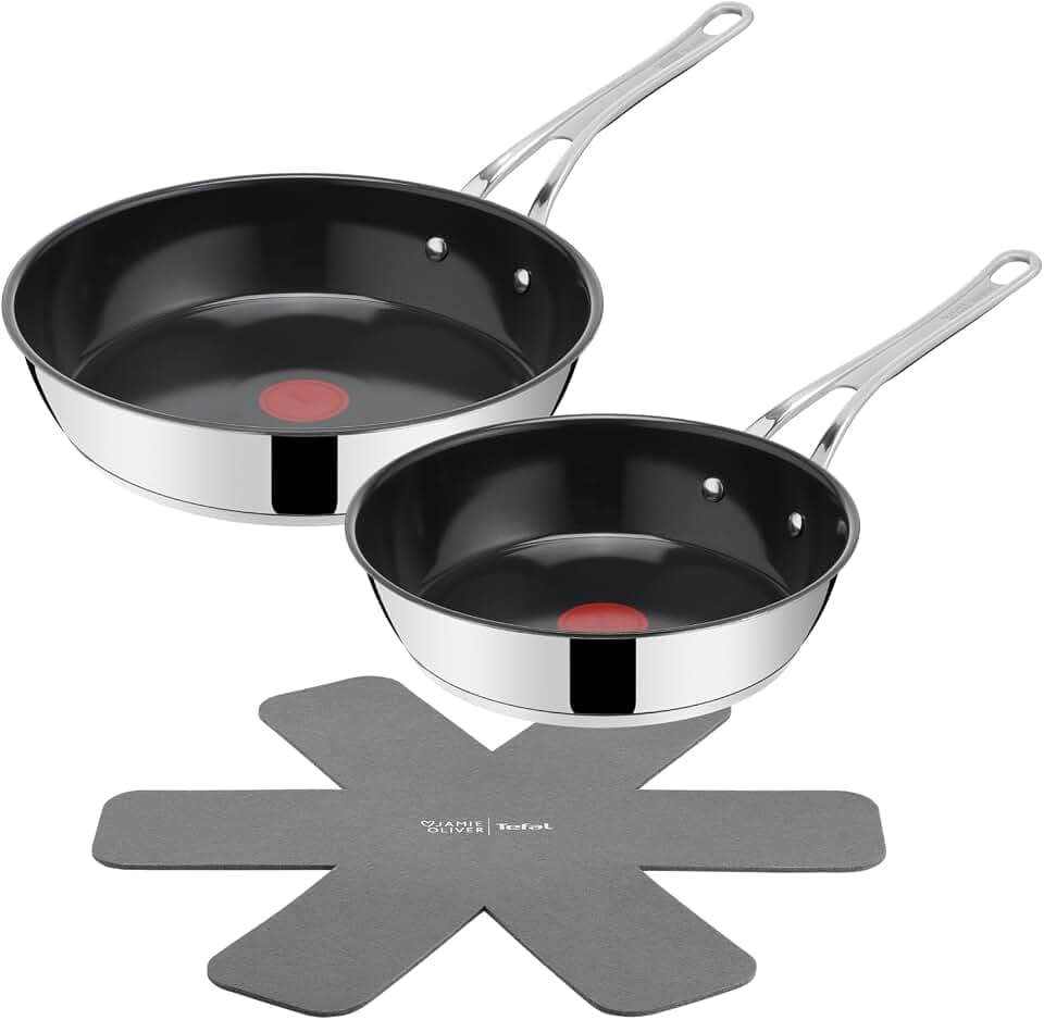 Tefal Jamie Oliver Classic Cook Pfannen-Set 24/28 cm, inkl. Pfannenschoner, antihaftbeschichtete Keramikoberfläche, Thermo-Signal, für alle Herdarten, Edelstahl, H881S355