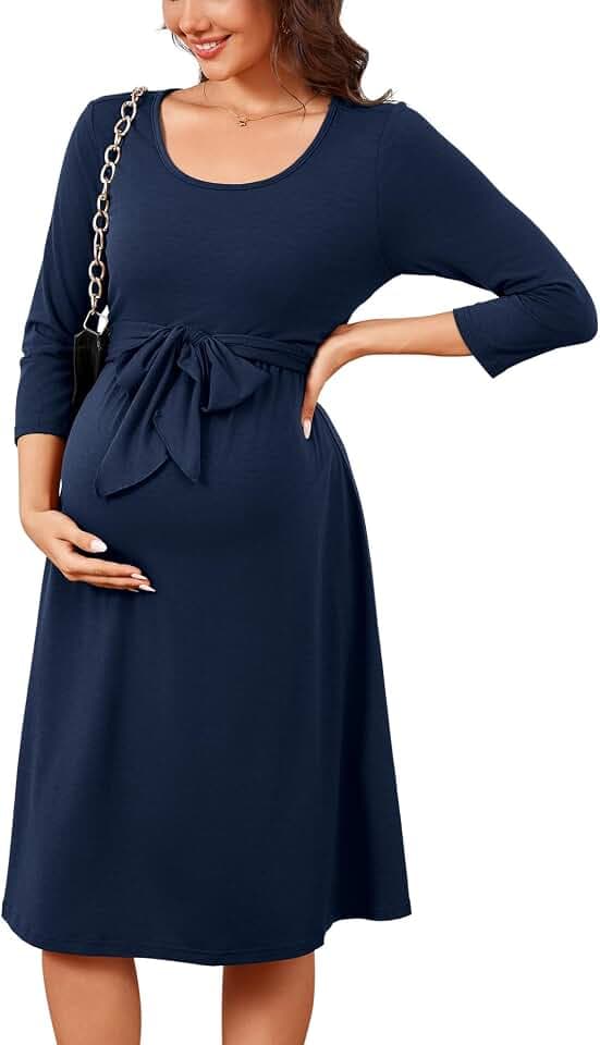 YesFashion Damen Umstandskleid Langarm Elegant Stillkleid Leichte Umstandsmode Casual Rund-Ausschnitt Bindeträgern Stillen Kleid mit Rüsche
